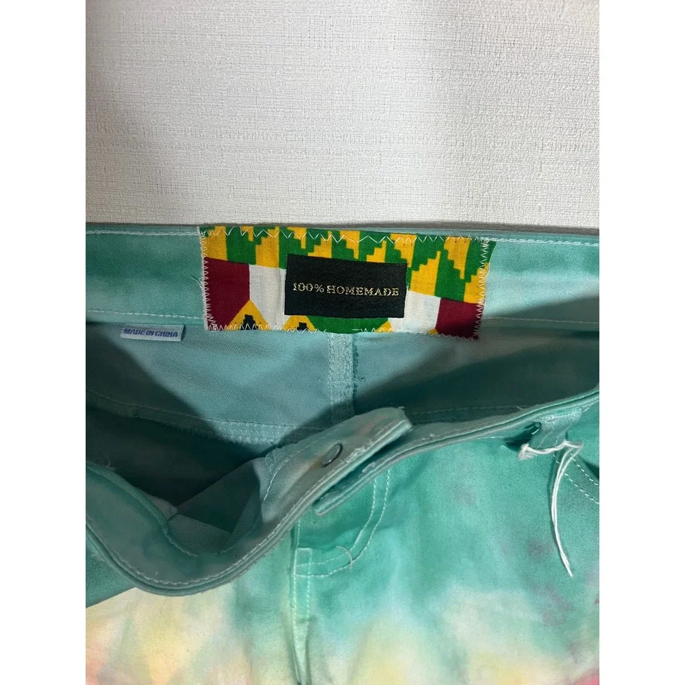 100% Homemade Tie Dye Fringe Denim Shorts Rasta Green Yellow Red Womens 32